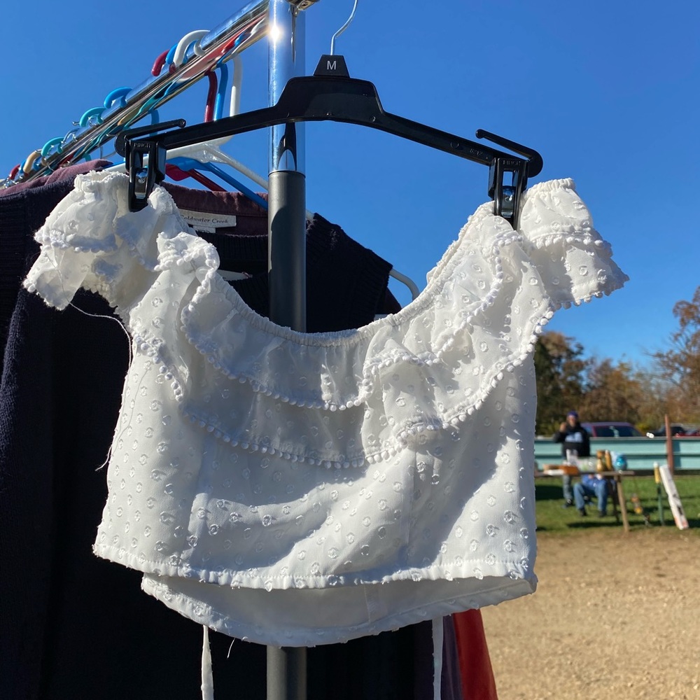 Cropped white off the shoulder top.
